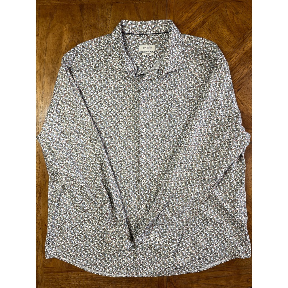 Bugatchi Button Down Shirt Multi Botanical Berry Comfort Stretch Shaped Fit